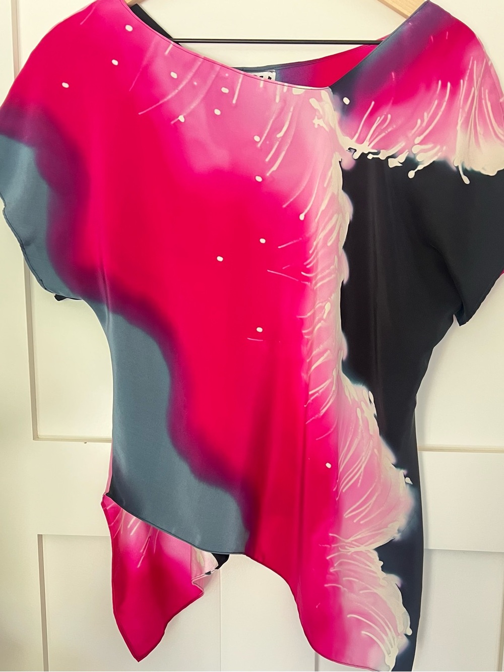 NEW CY Maui Medium 100% Silk Blouse NWT Pink Gray Asymmetrical Made in Maui USA